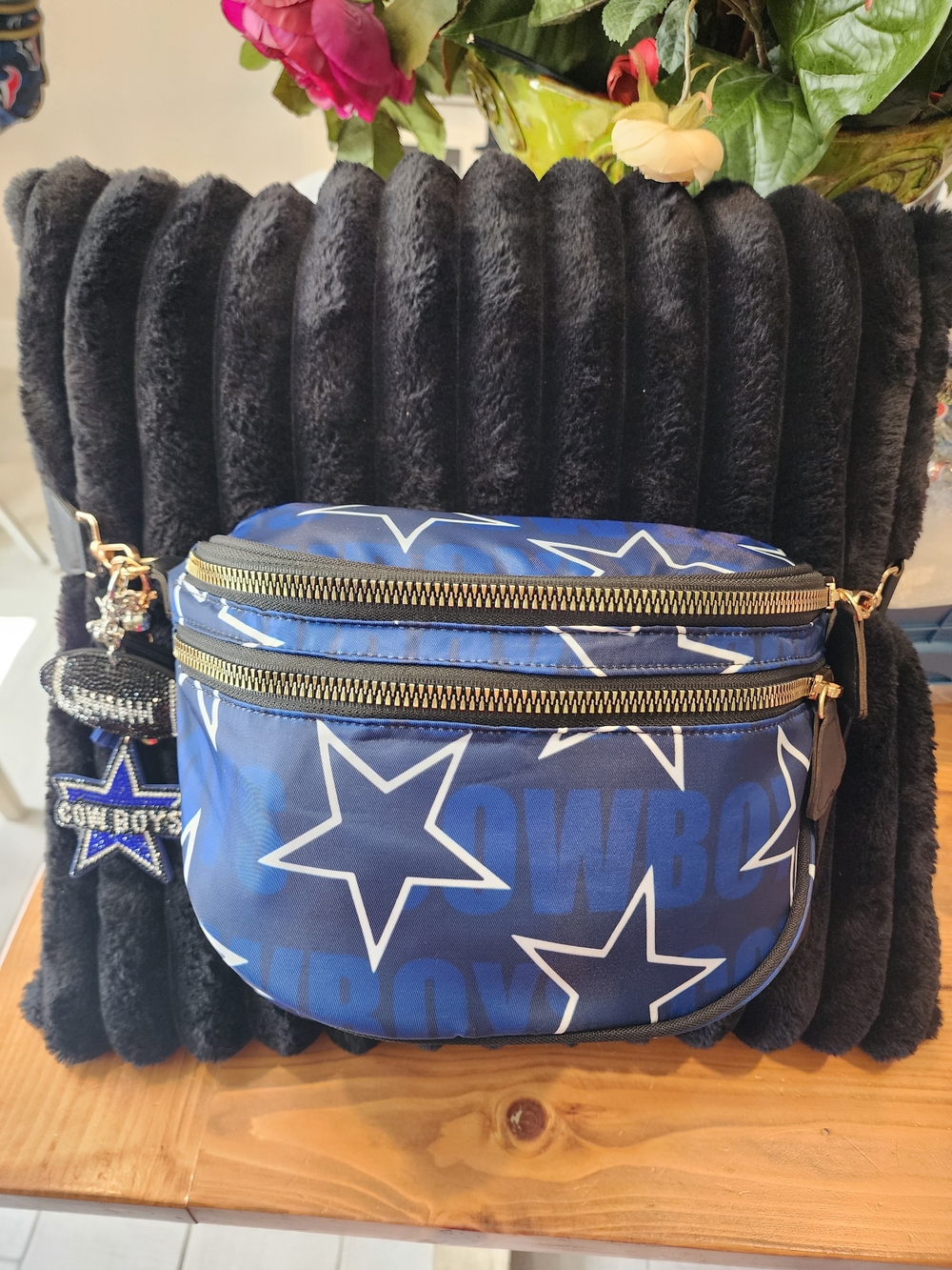 Blue Nfl Cowboys Team, Star Print Crossbody Bag with Gold Zippers
